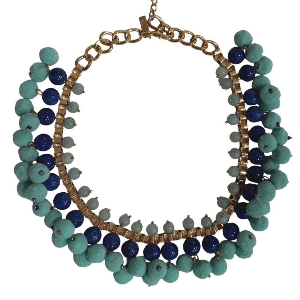 INC International Concepts Turquoise Pom Pom Blue Beaded Statement Bib Necklace